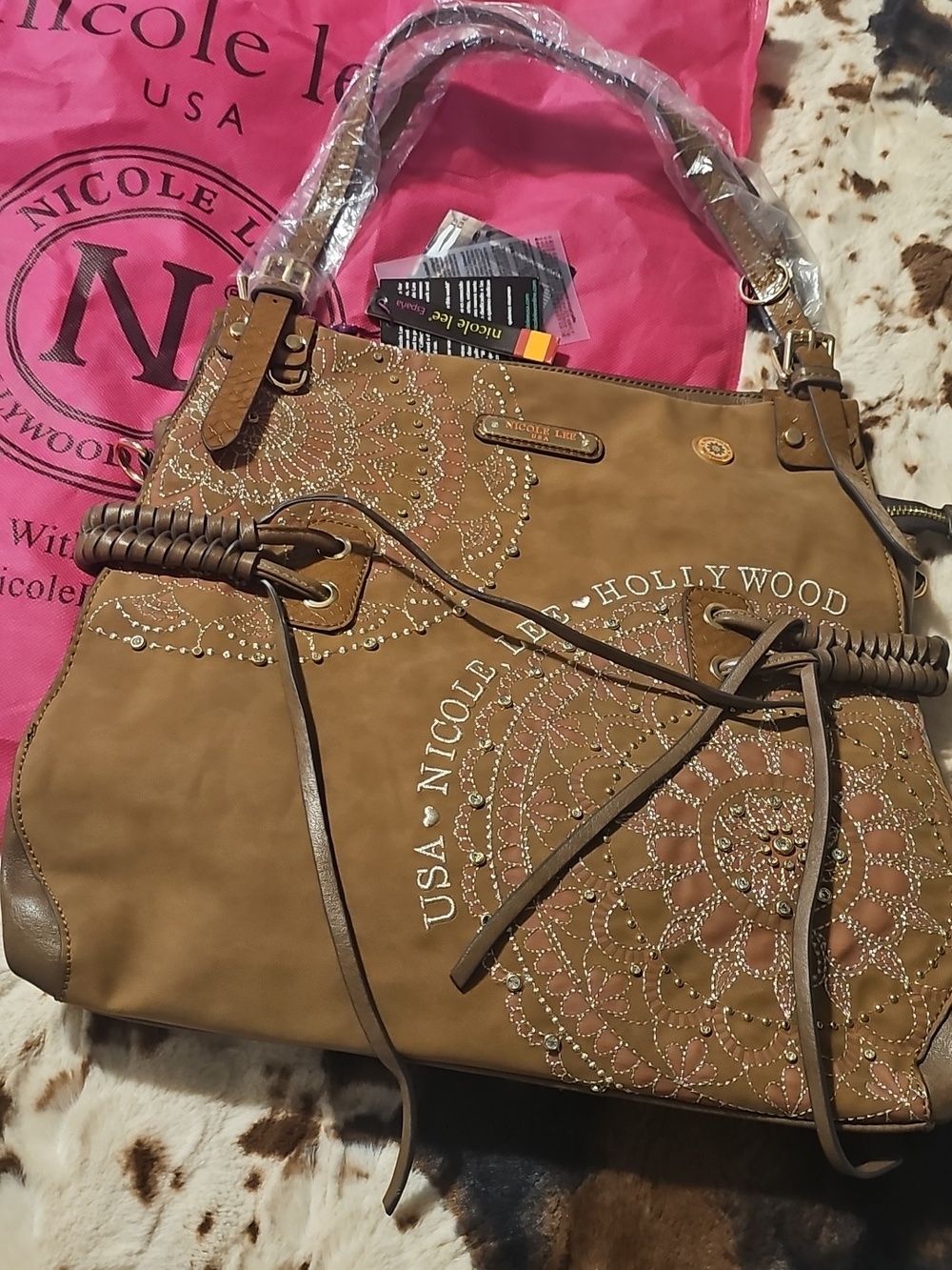 Nicole Lee Tan/Camel Embroidered Shoulder Bag NWT